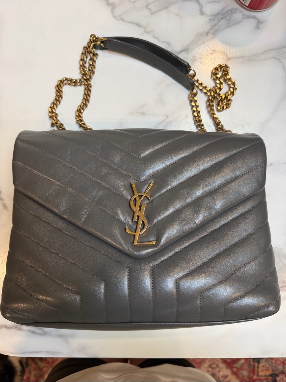 Saint Laurent Chevron Quilted Shoulder Bag in Gray with Gold Hardware